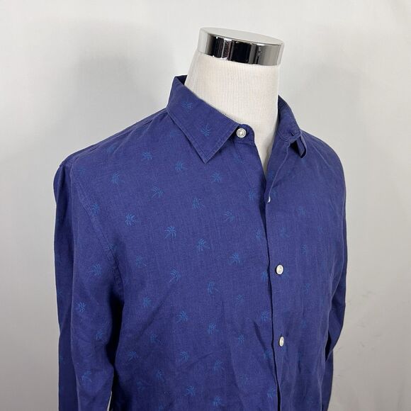 Bonobos Large Slim Fit Shirt 100% Linen Blue Floral Palm Tree Button Front - Picture 1 of 5